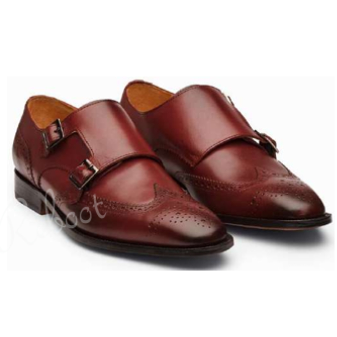 Leather Brogue Monk Straps Shoes